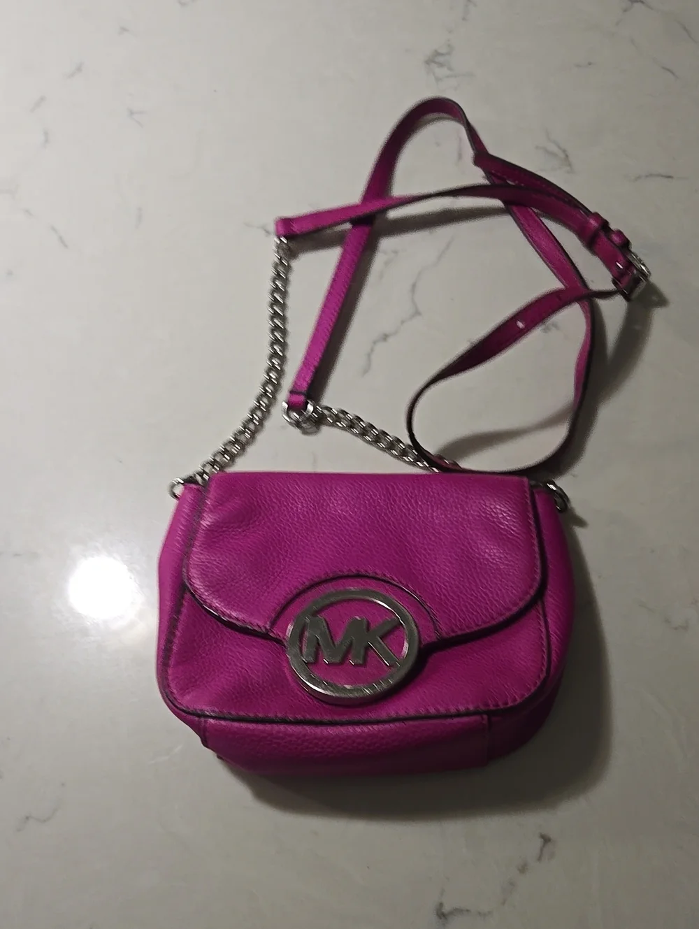 Michael Kors Fuchsia Leather Crossbody with Silver MK Logo